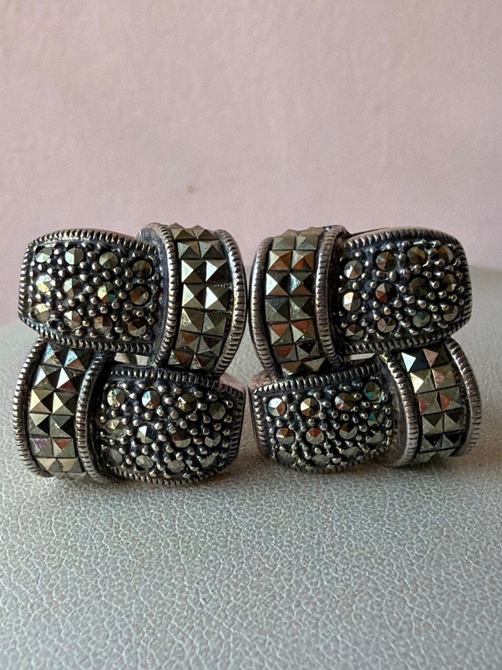 VINTAGE JUDITH JACK LARGE BRAID DESGN MARCASITE EARRINGS 925 STERLING OMEGA LOCK